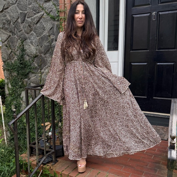 SILK BLEND BOHO Geometric Patterned Brown Maxi Dress - Picture 2 of 8